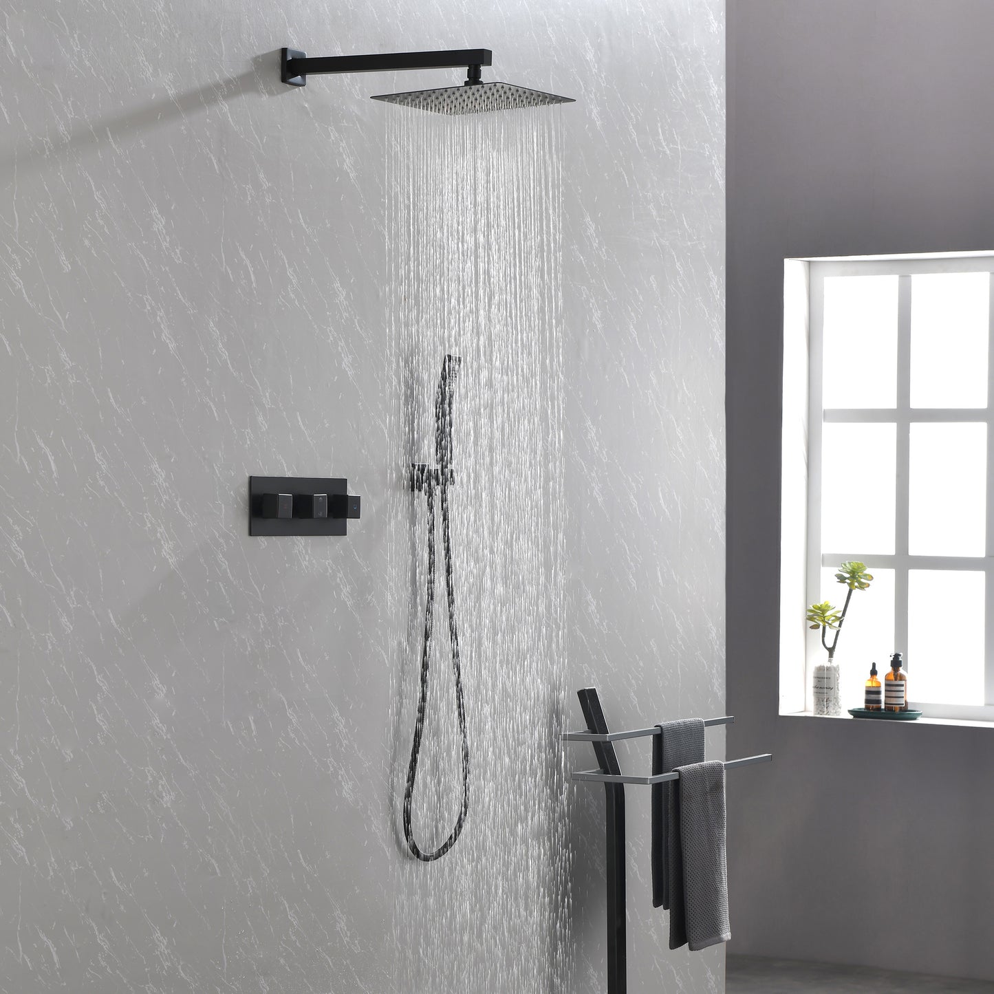 Brass Matte Black Shower Faucet With Shower System,10 Inch Shower Head And Handheld Spray Bathroom Combination