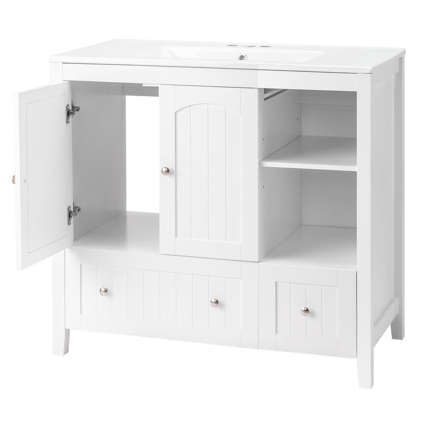 White MDF Painted Double Door Double Drawer With Masking Strip Basin Cabinet 91x46x82cm
