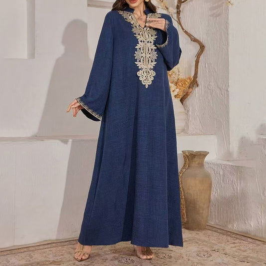 Women's Bohemian Embroidered Maxi Dress - V-Neck Long Sleeve Flowy Kaftan With Ethnic Embroidery, Loose Fit Vintage Dress