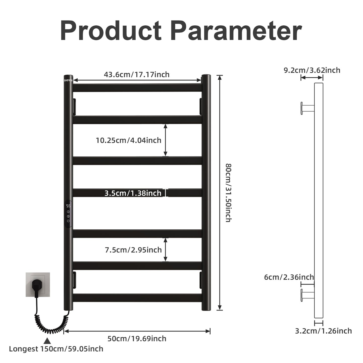 SIOYIE Towel Warmer Bathroom Wall Mounted 6 Bars Electric Towel Drying, 150 W 500 800 MM Heated Towel Rack With Intelligent Touch Screen Timer And Temperature Control Black Left