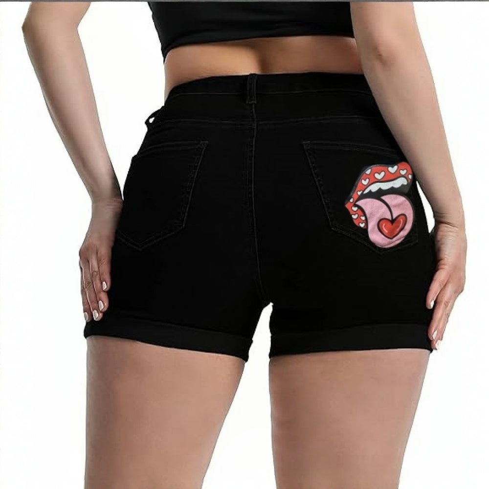 Hip Lifting Elastic Frayed Edge Denim Shorts Retro Tik Tok Popular Shorts Body Shaper With Pockets, Trendy Pattern Design High Waist Forbidden Platform - Temu