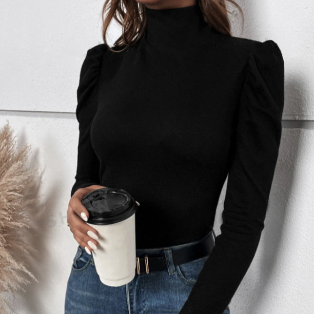 Women's Solid Color High Neck Back Button Decoration Slim Fit Long Sleeved T-shirt