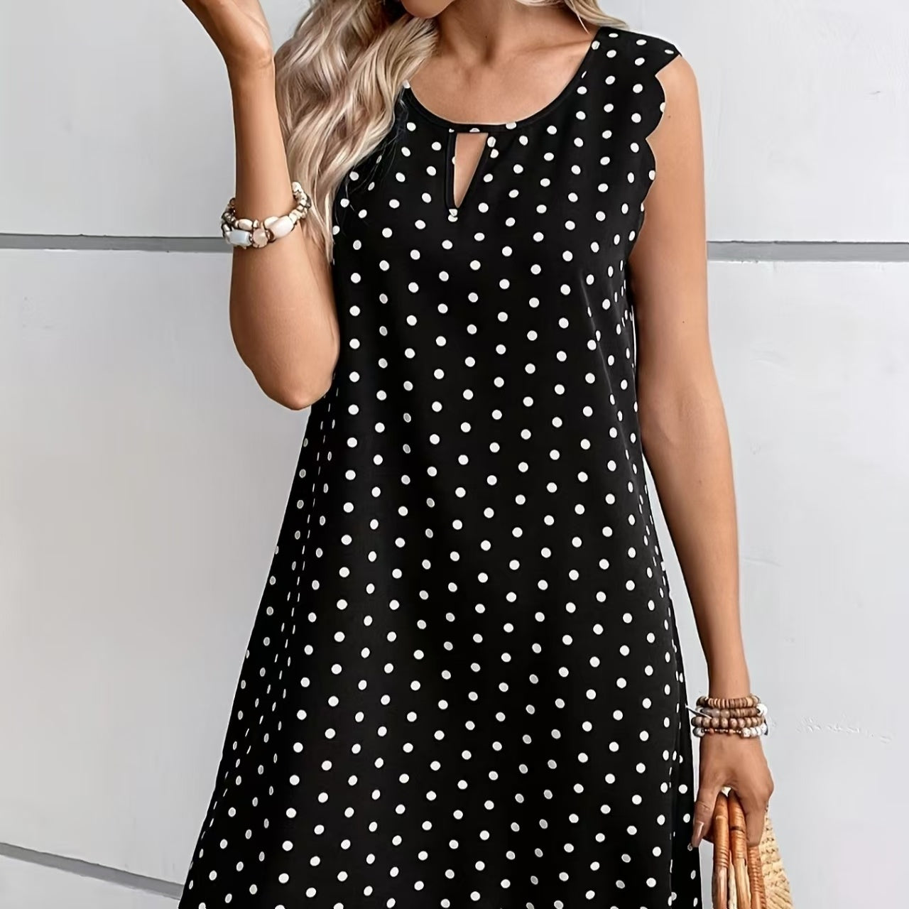 Ladies' Fashionable Casual Pullover Polka Dot Dress With Hollowed Out Collar And Round Neck Wavy Edge Skirt