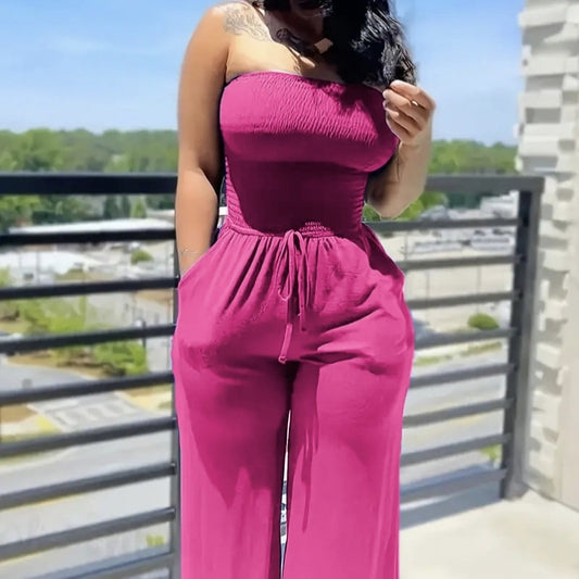 Ladies' Elegant Jumpsuit Solid Color Strapless Top Straight Leg Pants Sleeveless Loose Pants