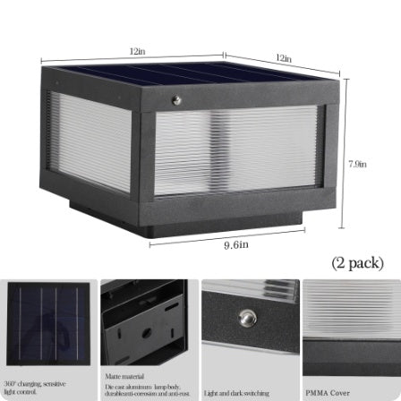 12 Black Solar Powered LED Post Cap Light, Modern Outdoor LED Fence Light For Pathways, Decks, And Patios  2-Pack