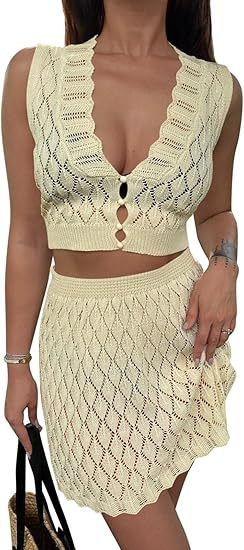 Saodimallsu Womens Two Piece Crochet Swimsuit Cover Ups Sleeveless V Neck Crop Tops Skirt Sets Beach Vacation Outfits