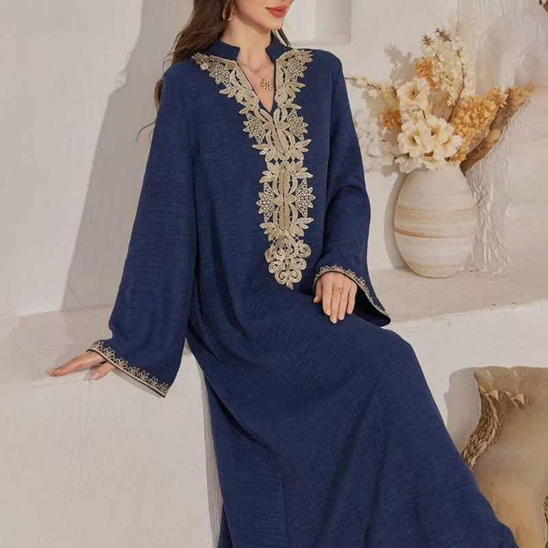 Women's Bohemian Embroidered Maxi Dress - V-Neck Long Sleeve Flowy Kaftan With Ethnic Embroidery, Loose Fit Vintage Dress