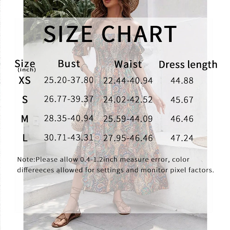 Women's Off The Shoulder Dresses Boho Flowy Smocked Maxi Sundress Beach Vacation Summer Dress