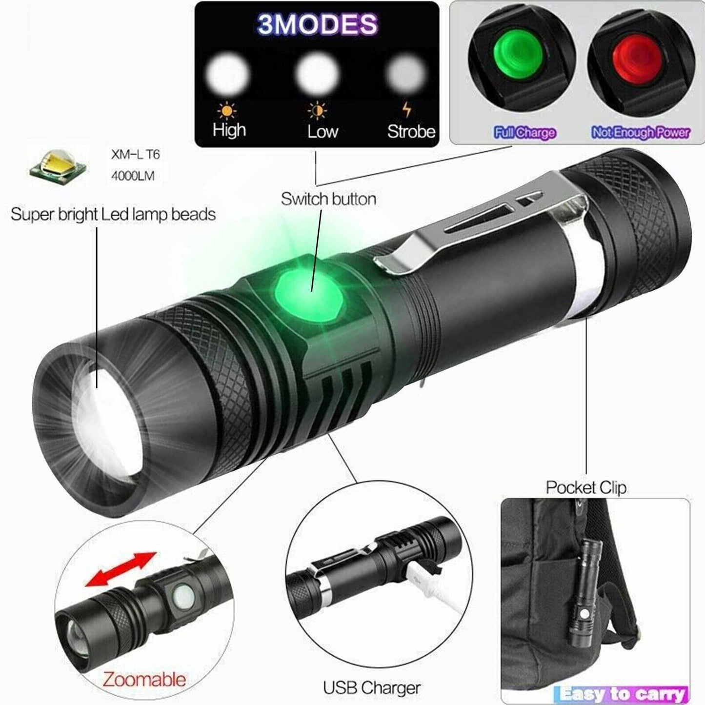 2 Pack LED Taschenlampe Aufladbar USB Super Hell Taktisches Fackel Lumen Akku