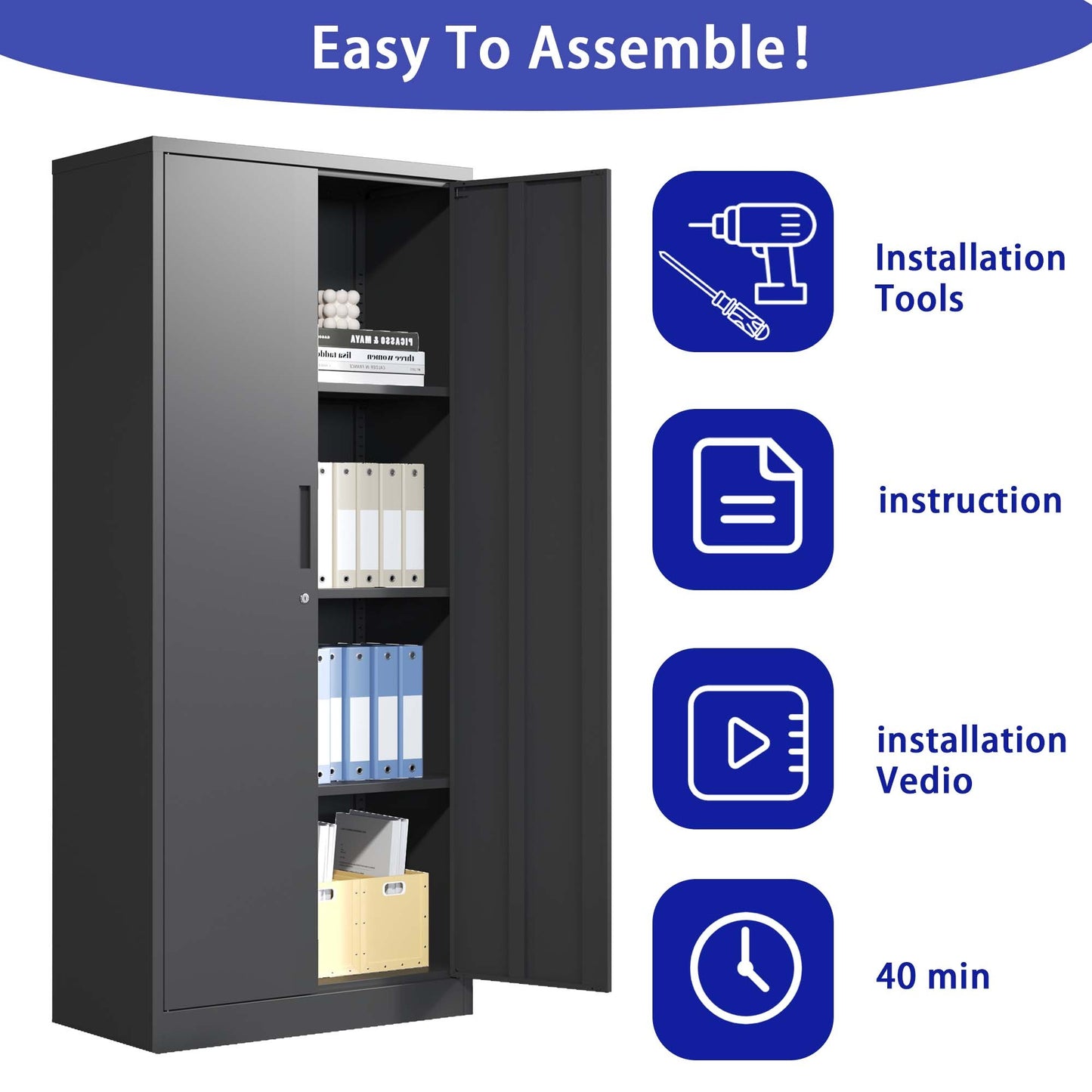 Metal Garage Storage Cabinet, Black Tool Steel Locking Cabinet With Doors And 3 Shelves, Tall Cabinets For Garage Storage Systems Lockable File Cabinet For Home Office, Classroom Pantry