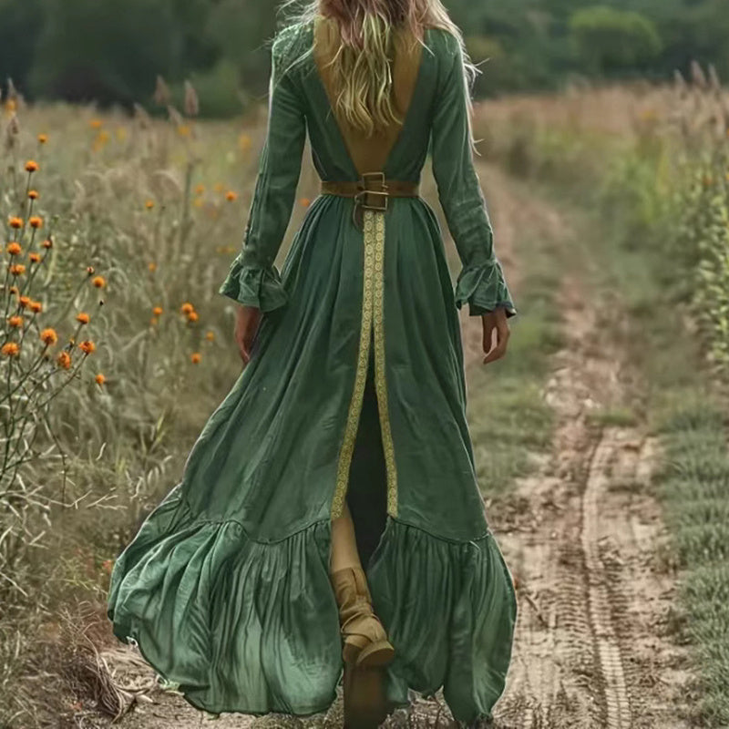 Women's Boho Long Sleeve Flowy Maxi Dress Elegant High Waist Backless Beach Long Dress