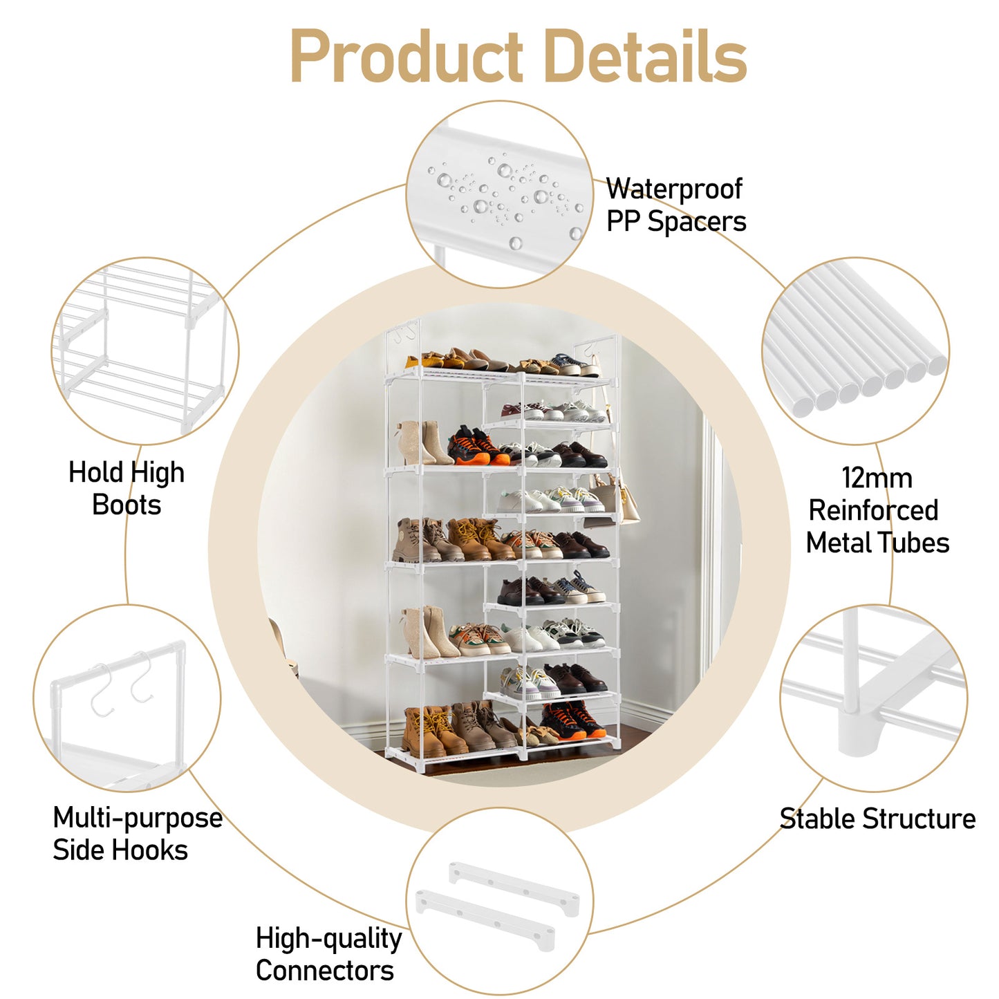 FCH Double Row 9-Layer Shoe Rack With Handles, 85.7x29.8x158cm White
