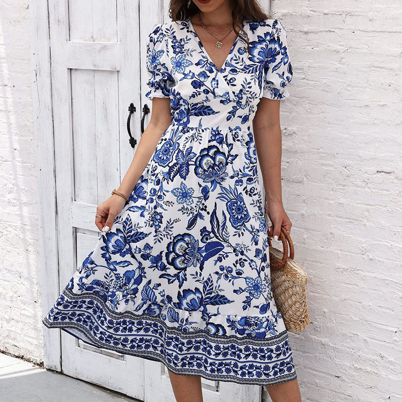 Women Floral Maxi Dress Short Puff Sleeve V Neck Bohemian Flowy Smocked Long Dress
