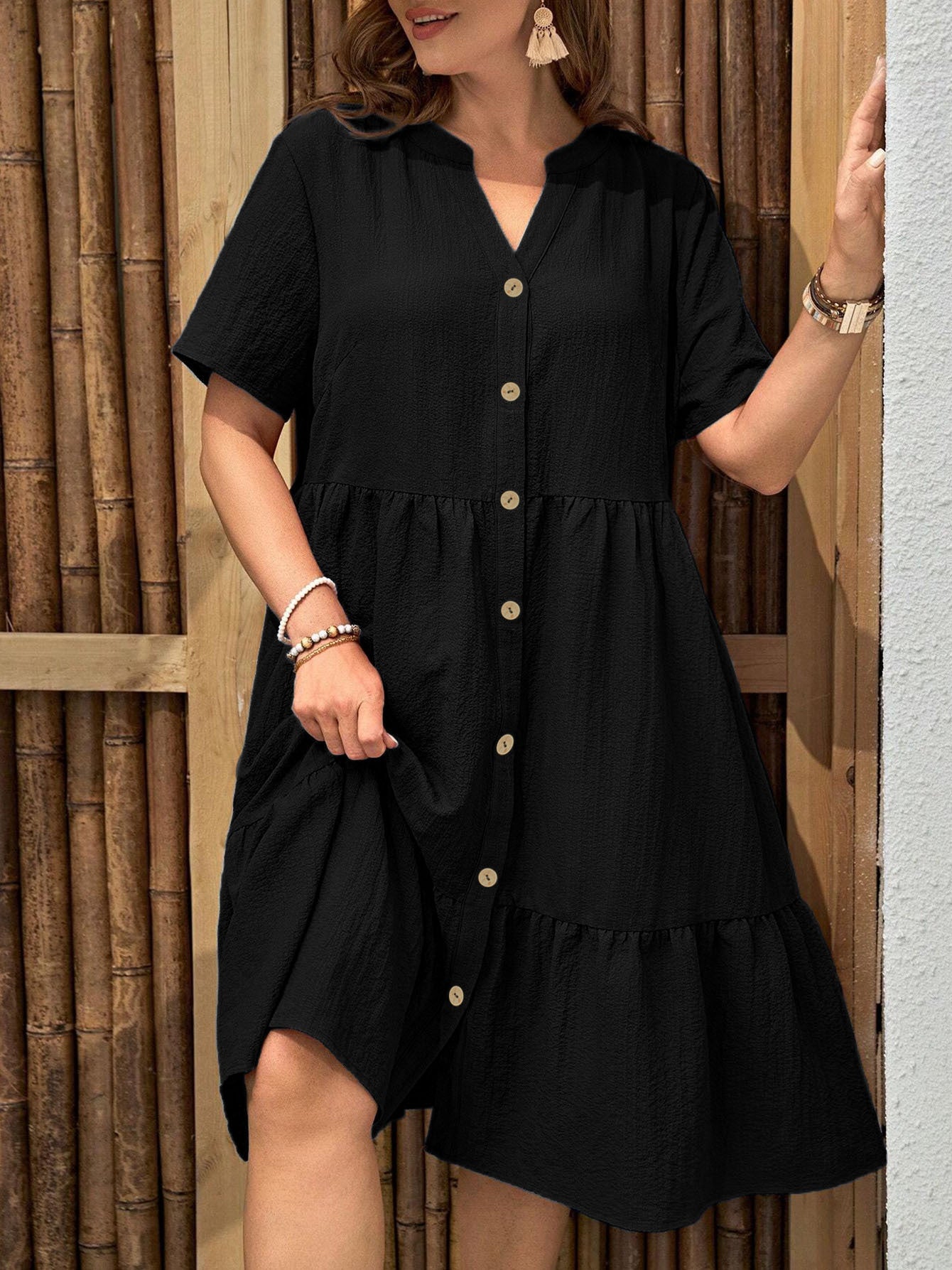 Women's Plus Size Buttoned Dress - Summer Casual V-Neck Short Sleeve Midi Dress