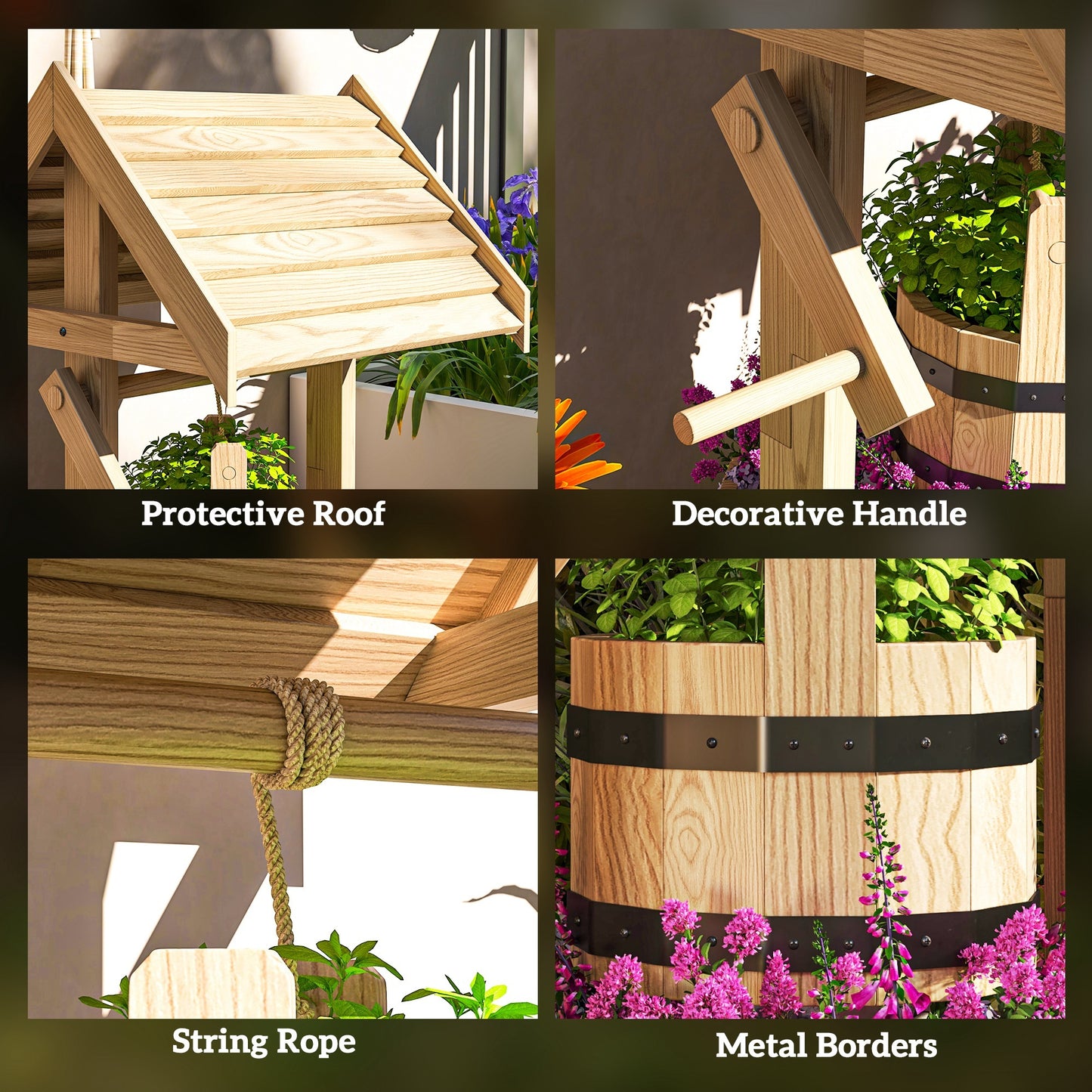 Wood Wishing Well For Outside With Hanging Bucket, Wishing Well Planter With Drain Hole For Garden Patio, Natural