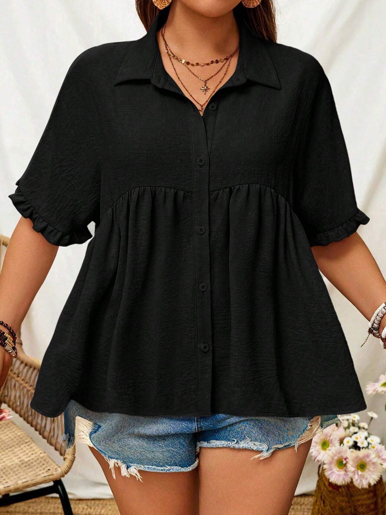 Women's Plus Size Buttoned Collar Shirt - Summer Fashion Casual Office Short Sleeve Top