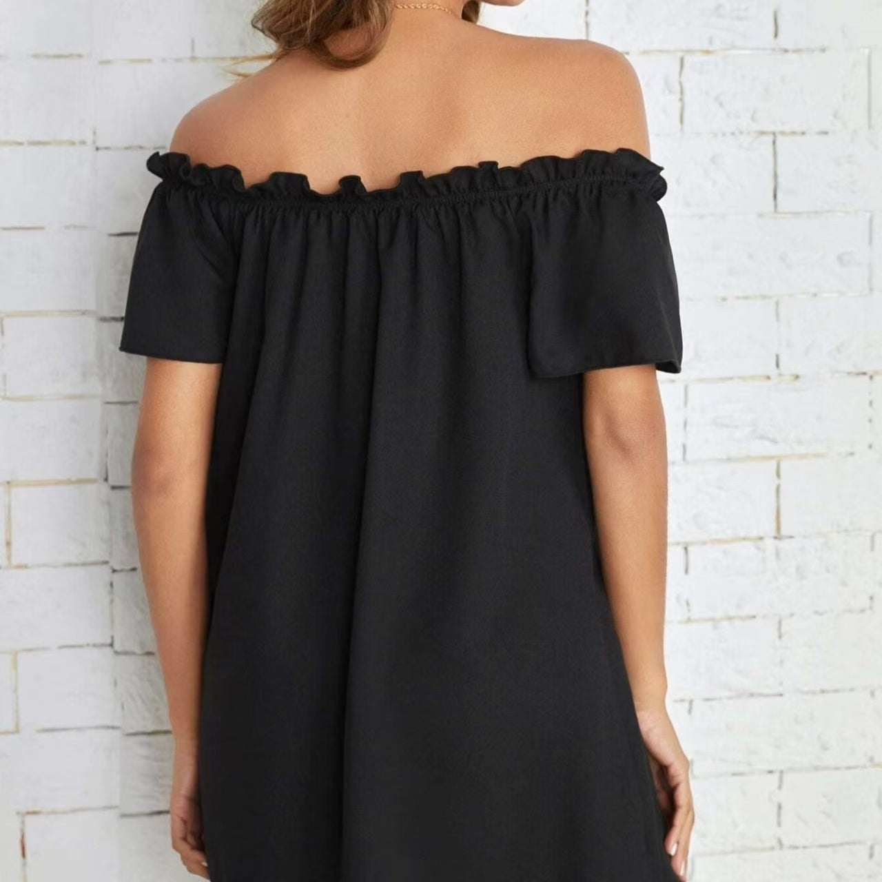 Ladies' Fashion Off Shoulder Ruffle Solid Color Decorative One Shoulder Casual Dress