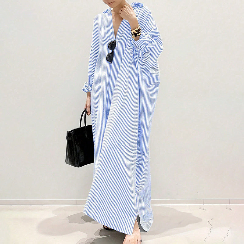 Womens Striped Long Sleeve Dress Casual Loose Button Down Maxi Shirt Dress
