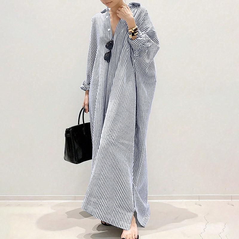 Womens Striped Long Sleeve Dress Casual Loose Button Down Maxi Shirt Dress