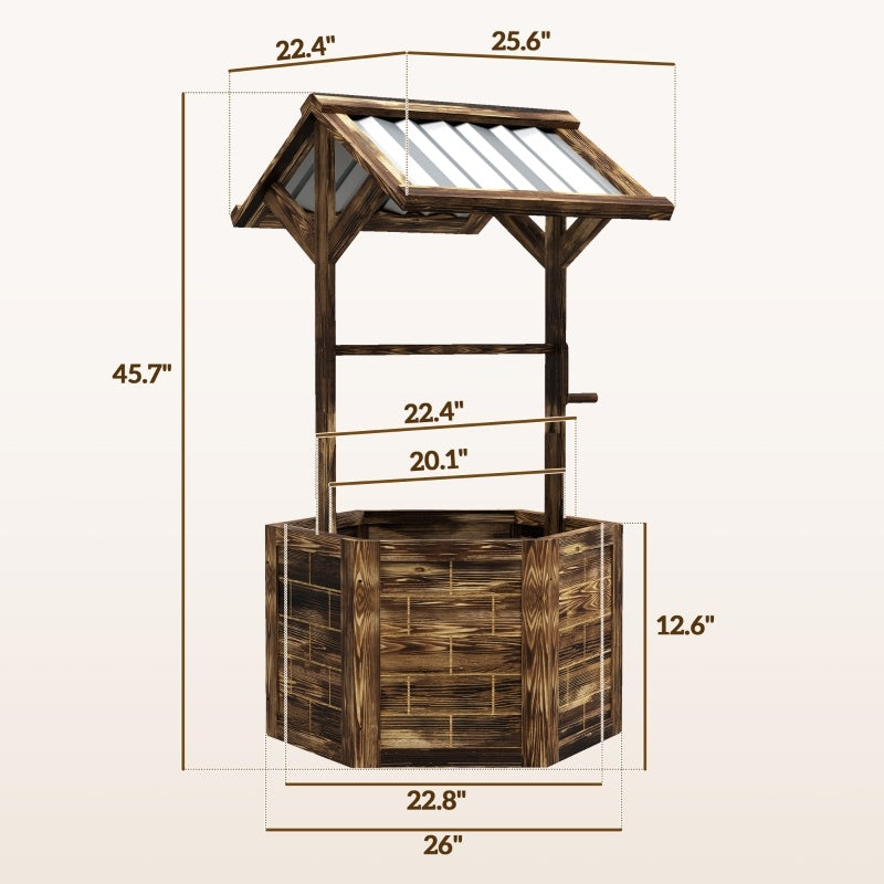 Wooden Wishing Well Planter, Raised Garden Bed With Galvanized Canopy-Tan