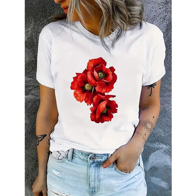 Women's Red Floral Print Round Neck Tee - Minimalist Summer Short Sleeve Top