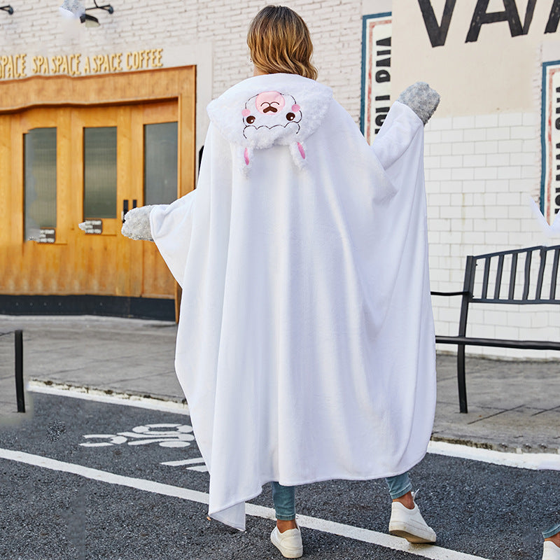 White Alpaca Animal Ears Lazy Blanket Casual Hooded Cloak
