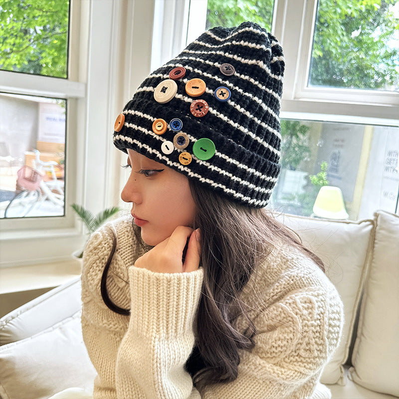 Autumn And Winter Buttons Knitted Hat Warm Ear Protection All-match And Cute Pile Heap Cap