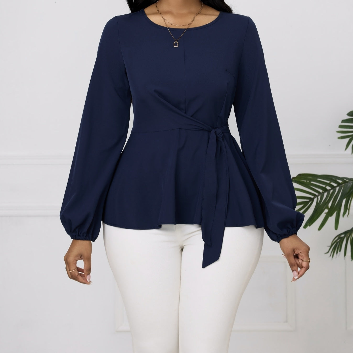 Women's Solid Color Round Neck Side Cinched Waist Tied Shirt Top