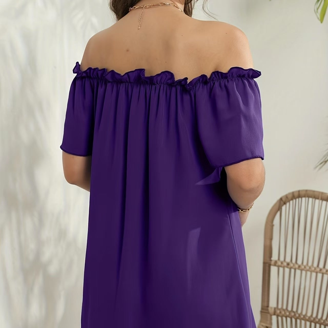 Ladies' Fashion Off Shoulder Ruffle Solid Color Decorative One Shoulder Casual Dress