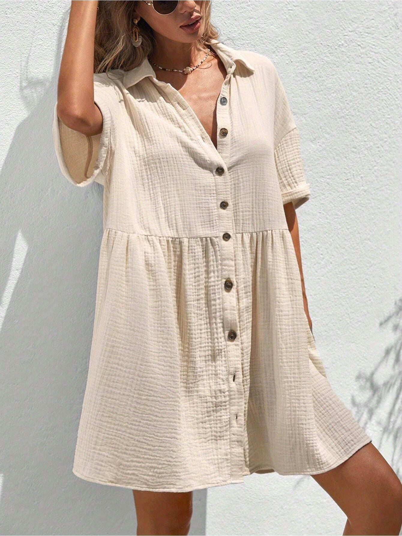Women's Holiday Loose Solid Color Casual Summer Shirt Dress With Ruffles