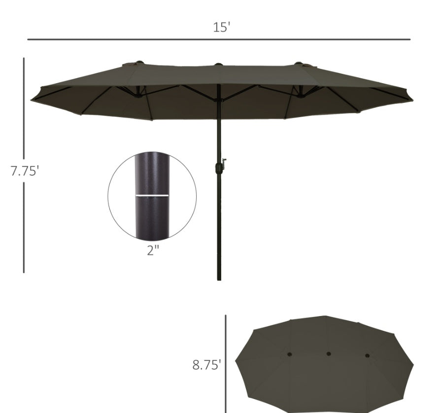 15ft Double-Sided Patio Umbrella Outdoor Market Extra Large Gray With Crank For Deck Lawn Pool