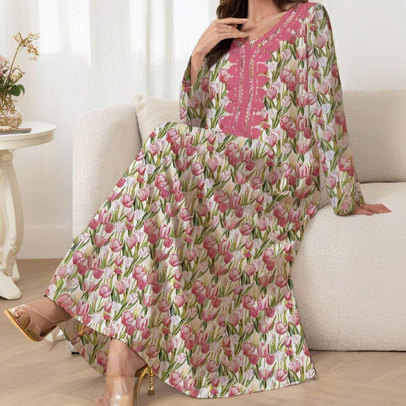 Women's Elegant Pink Floral Print Maxi Dress Vacation Style Long Sleeve A-line Flowy Dress