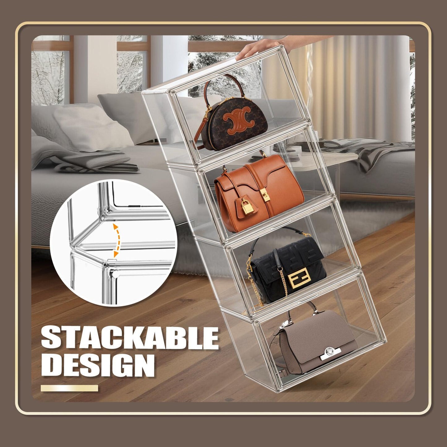 4 Oversized Acrylic Closet Purse Organizers With Lids Transparent Stackable Handbag Display And Shoe Box Storage