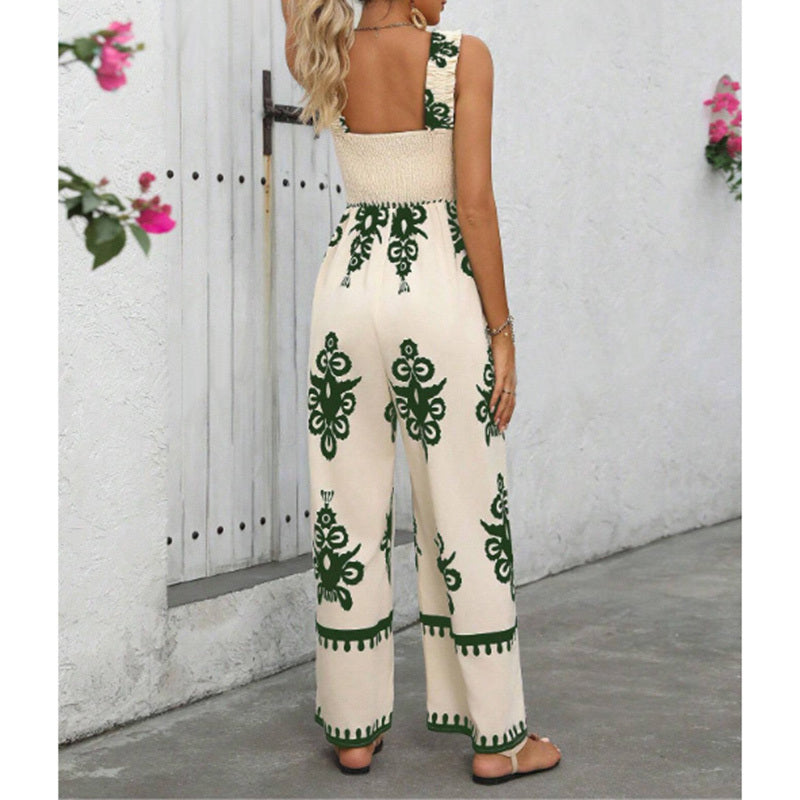 Women's Summer Boho Jumpsuits One Piece Beach Vacation Outfits Shirred Strap Wide Leg Pants Rompers With Pockets