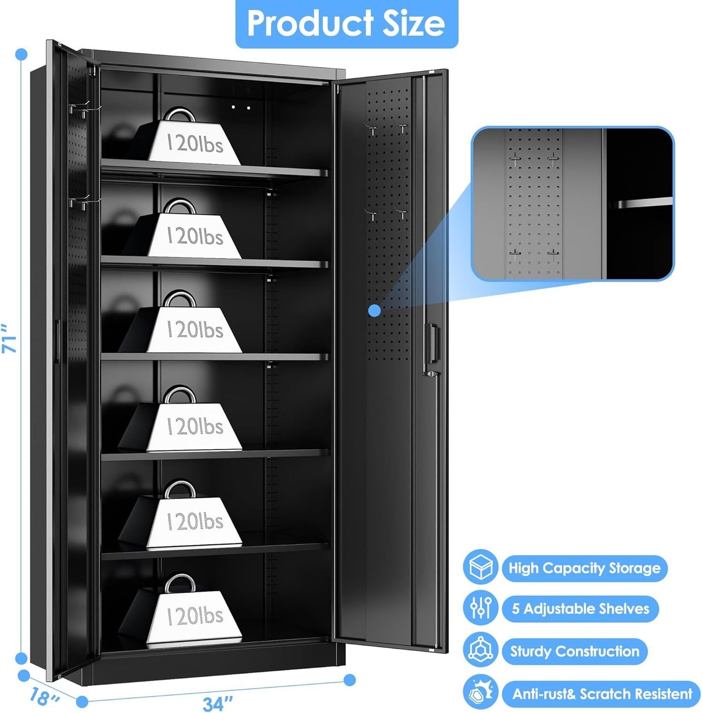 Metal Storage Cabinet With Pegboard ,Lockable Steel Storage Cabinet With 5 Adjustable Shelves And Door For Garage, Office, Kitchen, Assembly Required Black