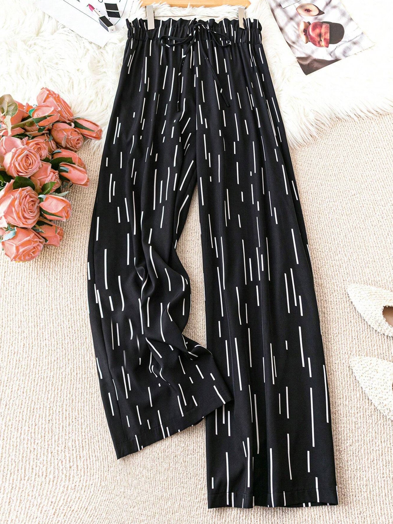 Women's Plus Size Line Print Wide-Leg Pants - Summer Casual Work Outdoor Trousers