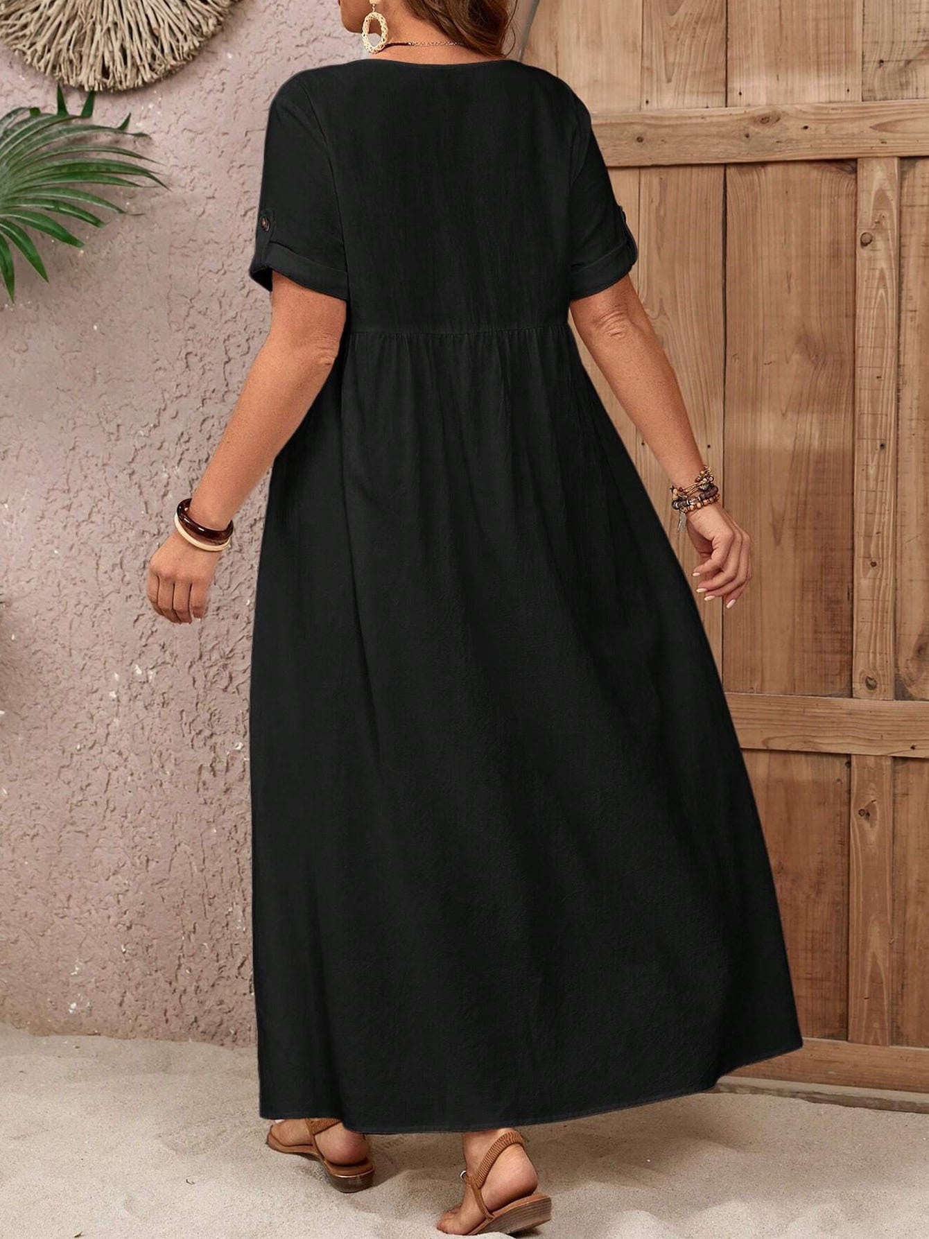 Women's Plus Size Button-Down Maxi Dress - Casual Summer Short-Sleeve Flowy Dress With Pockets