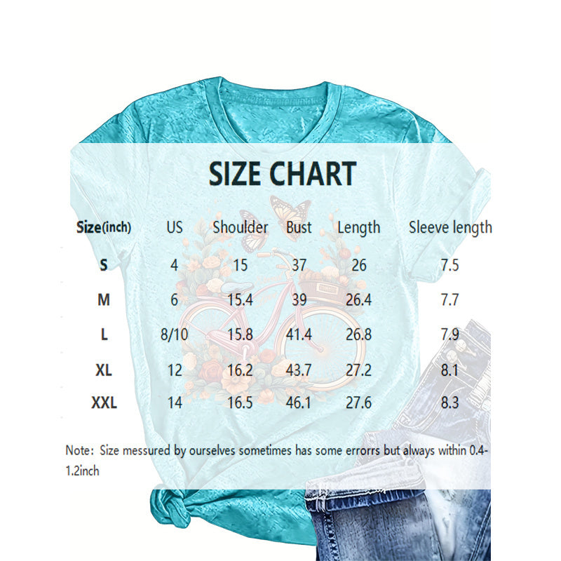 Women's Bicycle Floral Butterfly Print T-Shirt - Artistic Casual Crewneck Summer Tee