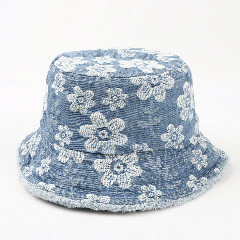 Flower Embroidered Denim Bucket Hat Korean Washed-out Distressed