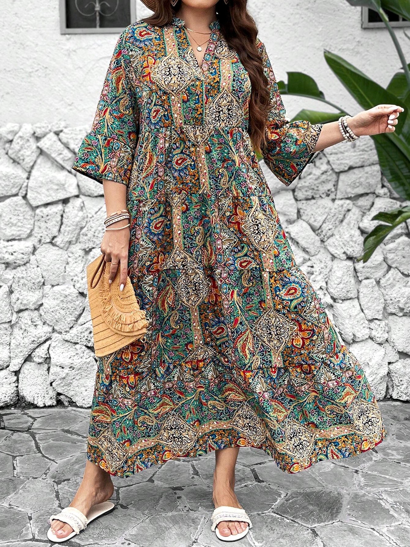 Women's Plus Size V-Neck Printed Party Vacation Midi Dress With Seamless Design