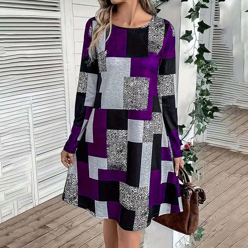 Women's Round Neck Long Sleeve Dress - Digital Print Casual Elegant Spring & Fall Dress