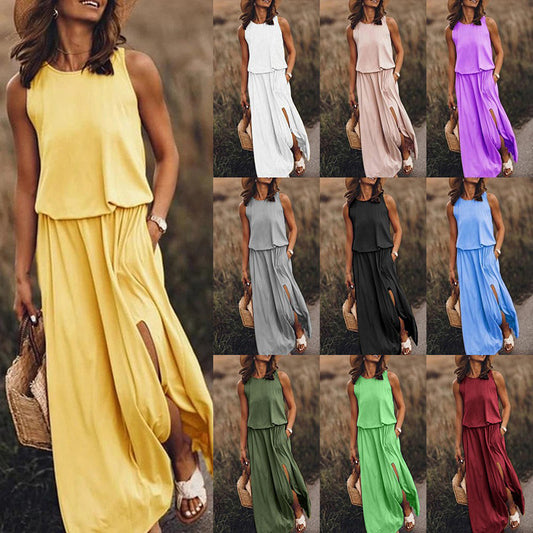 Women's Maxi Dress Summer Sleeveless Crewneck Sundress Casual Loose Long Dresses With Pockets