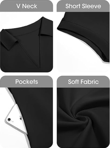 Fisoew Womens Summer Mini Dress Casual Patchwork Short Sleeve Polo V Neck Striped Dresses With Pockets