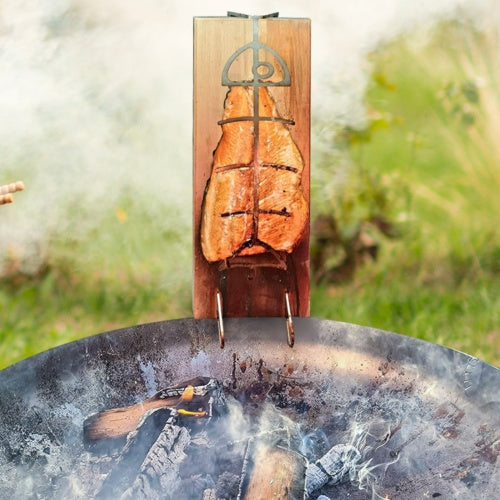 Flame Salmon Board 50x15x2cm Durable Wood Board With Stainless Steel Bracket