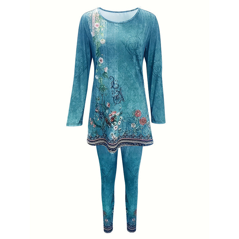 Women's Round Neck Printed Slit Long Sleeve Top & Long Pants Set - Casual Loungewear Outfit