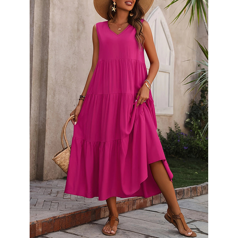 Women's Summer Casual Sleeveless V Neck Swing Dress Flowy Tiered Maxi Beach Dress