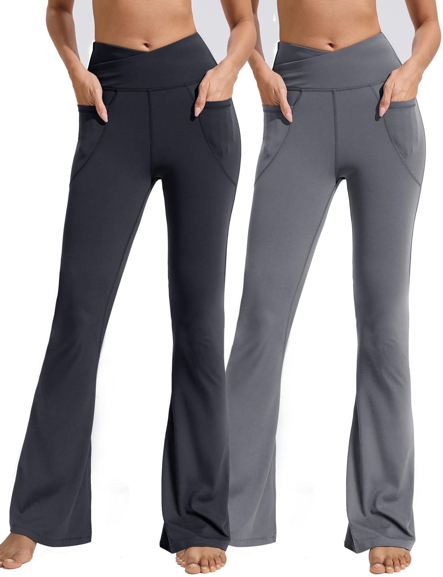 Flared Pants - Cropped Crossover Waist Pockets, Polyester Double Mill 2 Strips, Black Dark Gray