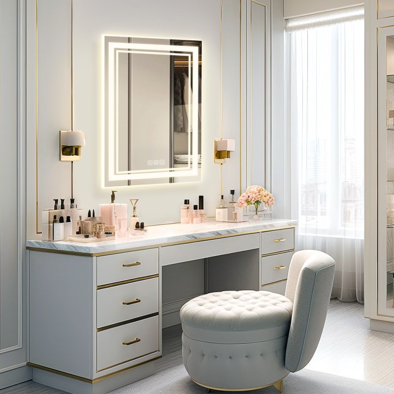 LED Bathroom Mirror Front And Backlight, 5 Mins Defog, 5MM Full HD Reflected Wall Mounted Vanity Mirror, 3 Colors Stepless Dimmable, CRI90, Memory Function Plug-in Hardwire