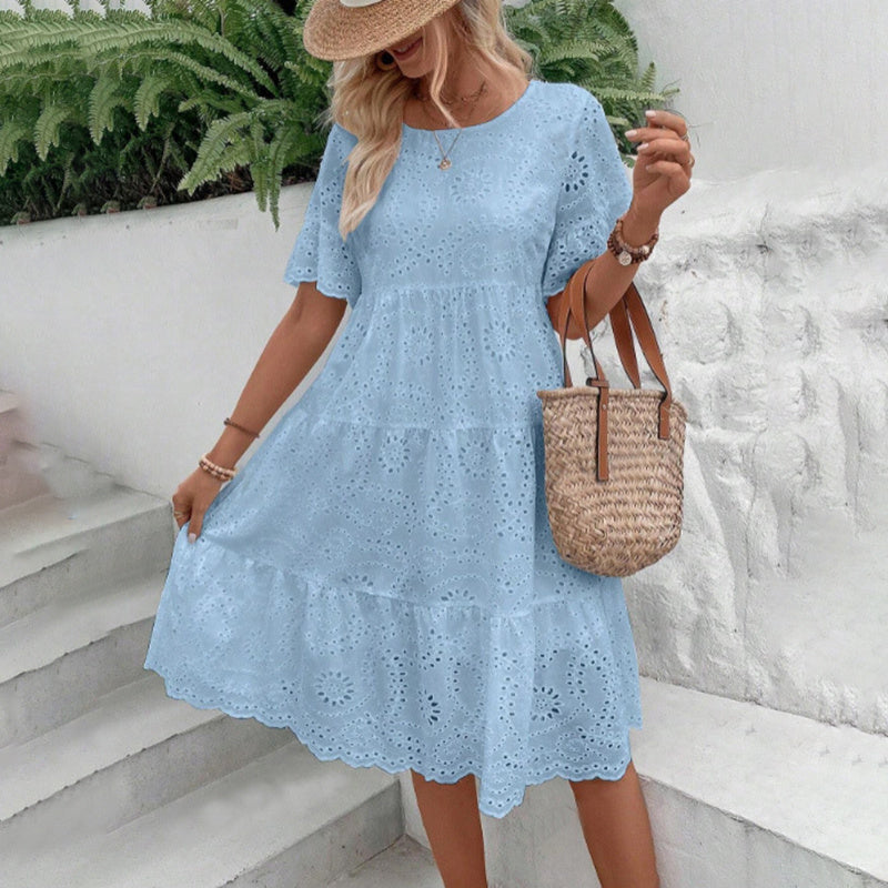 Women's Round Neck Embroidered Lace Short Sleeve A-Line Elegant Summer Vacation Dress