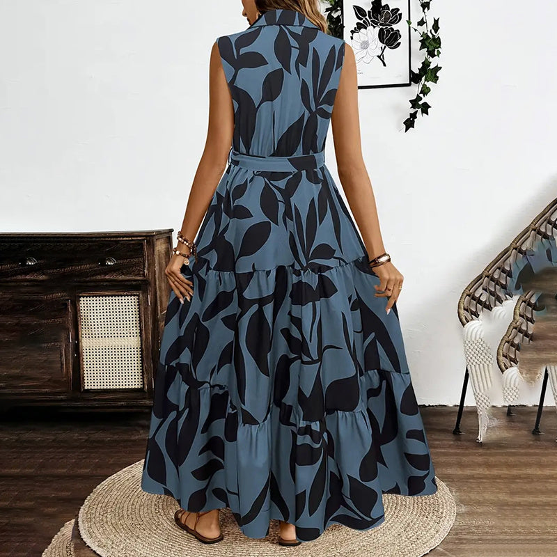 Women Sleeveless Boho Floral Maxi Dress Summer Button Shirt V Neck Flowy Belted Beach Vacation Dresses